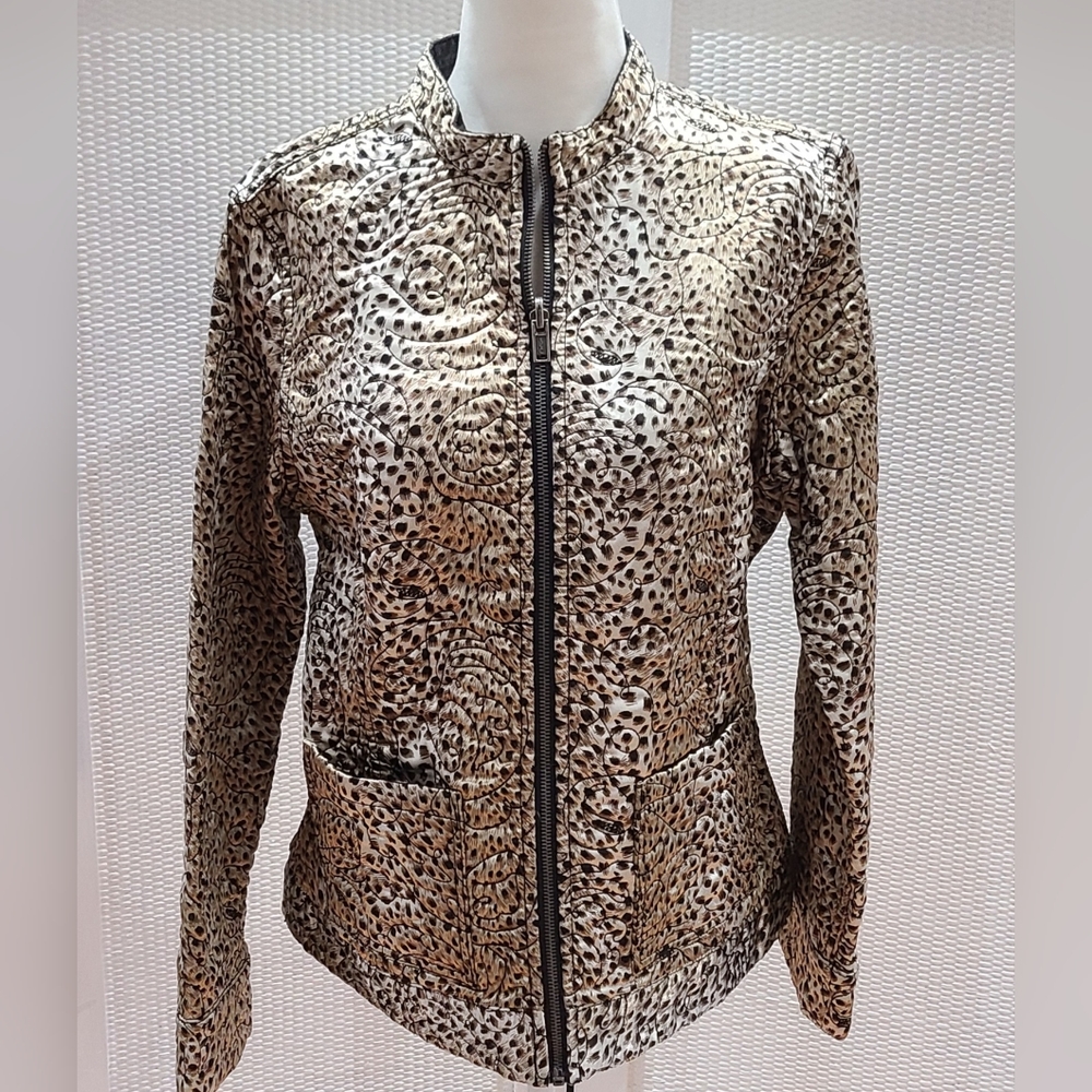 Chico's Reversible quilted zip front jacket animal print and denim size Medium